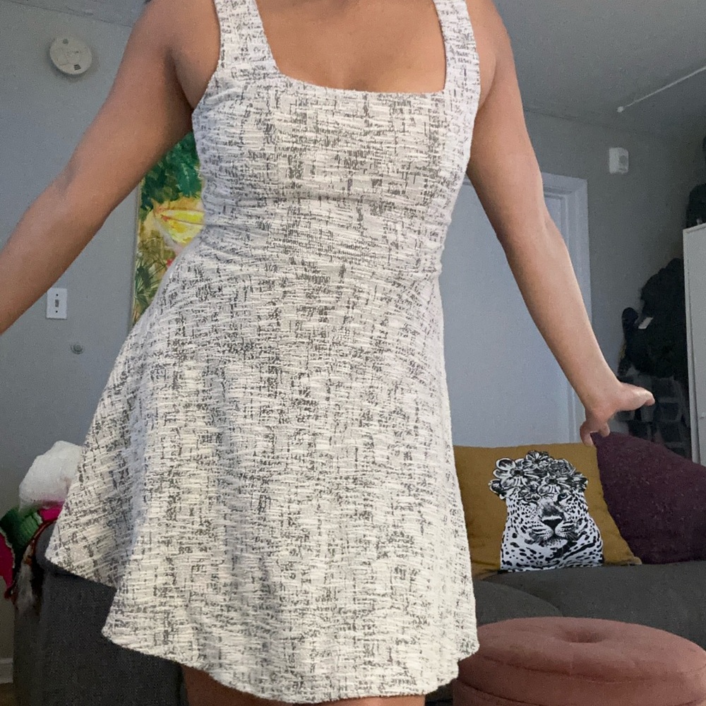 White and black tweed mini dress with square neckline